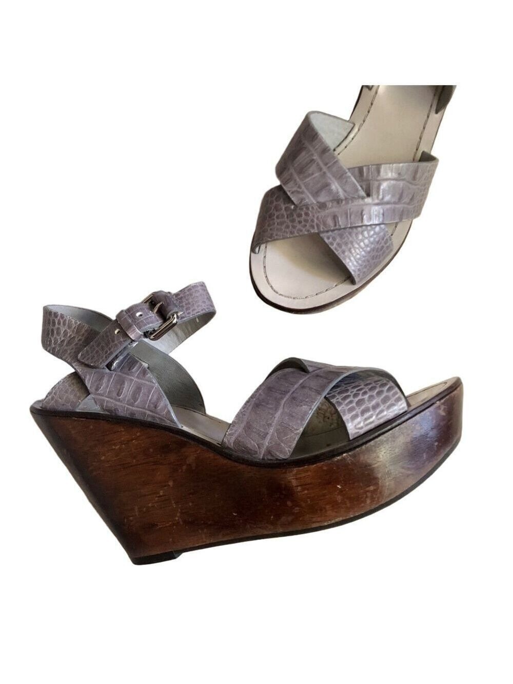 Theory Gray Sabrina Wedge Sandals size 40 crocodile pattern wooden platform heel